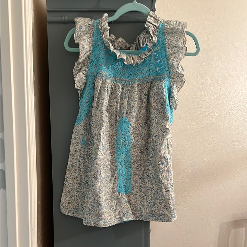 Mi Golondrina Olivia Ruffle Floral Top with Turquoise Details